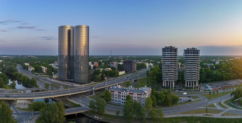 A panorama of the Āgenskalns district of Riga with several high-rise real estate development projects visible