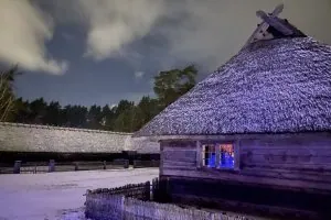 Meteņi light trail at Open-Air Museum