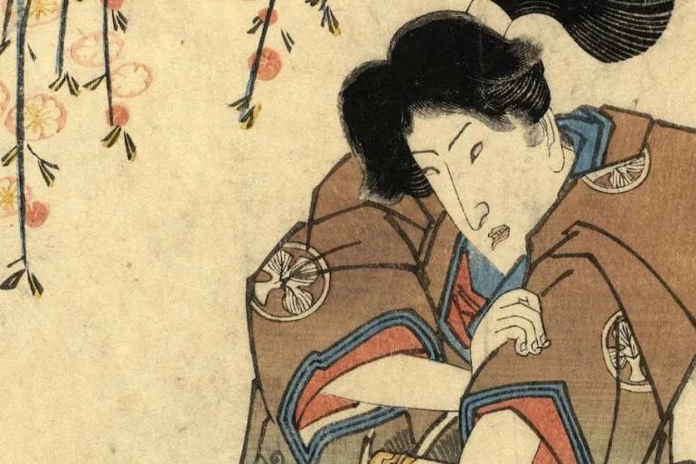 Utagawa Kunisada (Tojokuni III) (1786–1864). Szene aus dem Stück „Shimizu Kiyoharu in der Kirschblüte“. Ausschnitt. 1830, Edo-Zeit, Japan. Papier, farbiger Holzschnitt. Sammlung des LNKM. Werbefoto