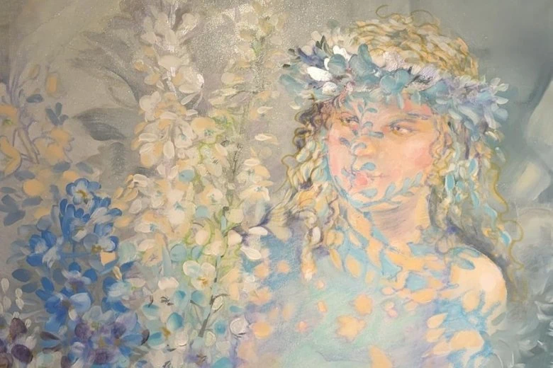  Fragment of Nastassia Arais' painting "The Mermaid in Flowers." Canvas, acrylic. 2025.