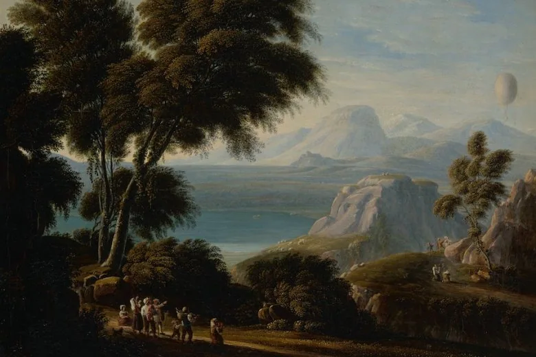 Grass Karls Gothards. Italienische Landschaft mit Heißluftballon. 1814. Leinwand, Öl. 37 x 47 cm